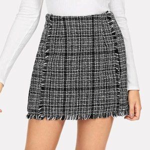 SHEIN Frayed Trim Plaid Tweed Mini Skirt - XS